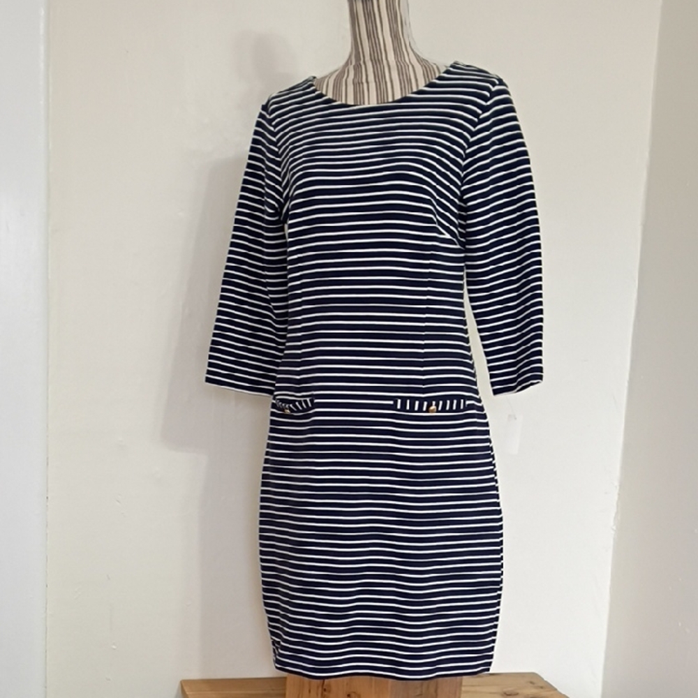Talbots Navy Striped Stretch Knit 3/4 Sleeve Midi Dress Size 8 NWT